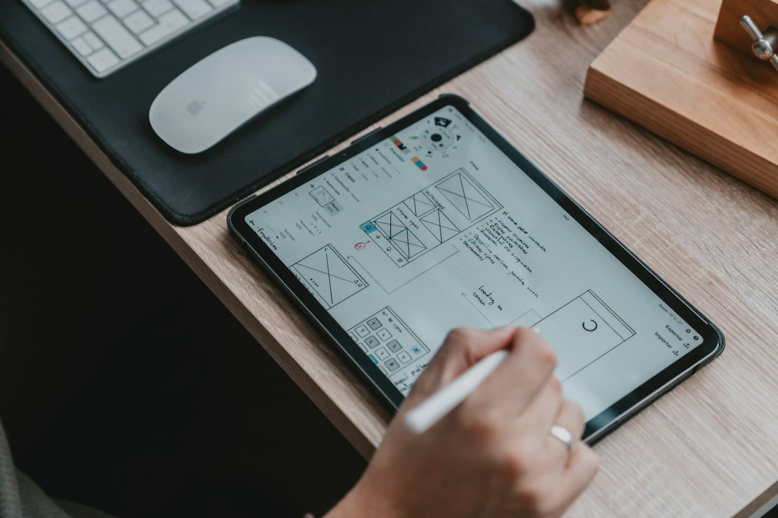 Desk workspace with keyboard and hand-drawn website wireframes